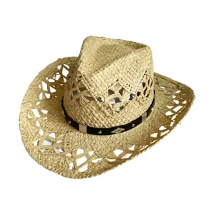 Detailed view of women's retro hollow straw cowboy hat with stylish black belt and summer sun.