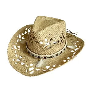 Women's straw cowboy hat hollow summer beach sun hat braided shell tassel jazz hat stylish