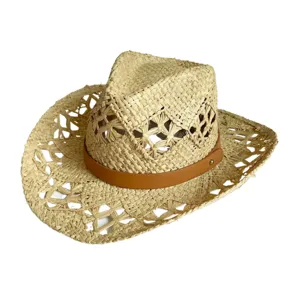 Detailed view of women summer hollow raffia straw jazz hat with brown belt beach sun hat.