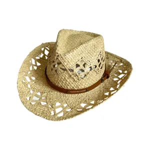 Woven straw cowboy hat with leather belt hollow summer beach sun protection jazz hat stylish