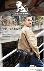 Detailed view of men's genuine leather crossbody bag, highlighting multiple functional compartments.
