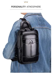 Detailed view of genuine leather men chest bag showcasing premium cowhide texture and neat stitching.