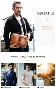 Detail view of the brown leather men messenger bag showing multi-pocket design and cowhide texture.