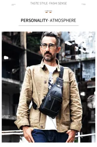 Mens genuine leather chest bag vintage casual sling backpack single shoulder crossbody bag
