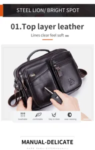 Genuine leather men messenger bag detail view showing clear texture and wear-resistant quality.