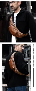 Vintage genuine leather chest bag for men, multi-pocket waist bag and crossbody bag.