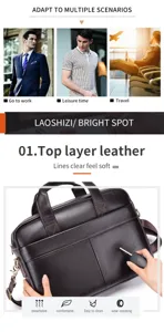 Genuine cowhide men's briefcase detail shot, soft touch and durable design for work and travel.