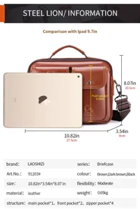 Men vintage genuine leather briefcase business shoulder messenger bag size and detail specs