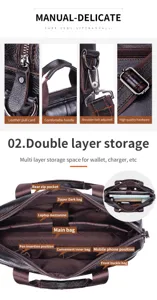 Men leather briefcase detail showing durable hardware and double layer storage capacity.