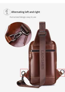 Close-up detail view of genuine leather men chest bag featuring durable metal hardware and strap.