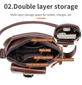 Men's genuine leather vertical messenger bag with multi-layer storage and compartments.