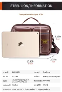 Detail view of mens leather briefcase featuring multi pockets and clear size comparison.