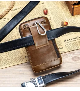 Men retro cowhide phone waist pouch detail, genuine leather belt bag with metal hook.