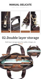 Men's genuine leather briefcase 15-inch laptop bag with multi-layer storage and durable hardware.