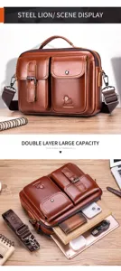 Men's vintage genuine leather shoulder bag, multi-pocket casual crossbody bag with large capacity.