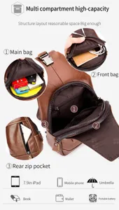 Multi-compartment genuine leather chest bag detail showing large capacity and internal pockets.