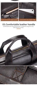 Men genuine leather briefcase detail view showing zipper pockets and comfortable handle design.