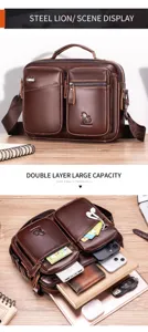 Men's genuine leather messenger bag, large capacity vintage crossbody briefcase for business work.