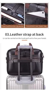 Leather mens laptop bag large capacity vintage cowhide business briefcase with trolley sleeve