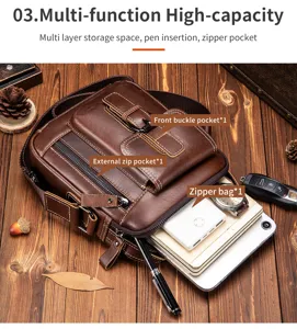 Men's vintage genuine leather shoulder bag multi-function casual crossbody bag for daily use