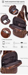 Genuine leather men chest sling bag detail view, multi-compartment large capacity design.