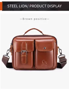 Mens vintage genuine leather messenger bag casual brown shoulder bag with multi pockets