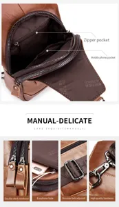 Men's vintage genuine leather chest bag with multiple zipper pockets, earphone hole and durable hardware.