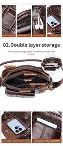 Genuine leather men crossbody bag vintage shoulder bag with multiple storage compartments detail.