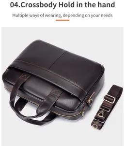 Men's genuine leather briefcase top layer cowhide business laptop bag with shoulder strap.