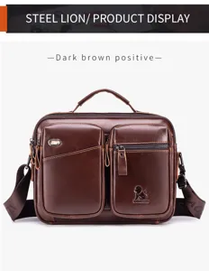 Men leather shoulder bag detail view, dark brown multi-pocket business messenger handbag.