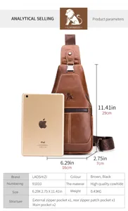 Men's vintage genuine leather chest bag, casual single shoulder crossbody bag with multi pockets.