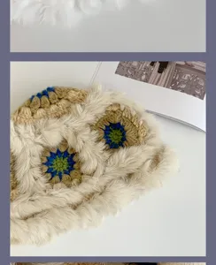 Nahaufnahme des handgefertigten Häkel-Plüschhutes mit weichem Fell und schönem Blumenmuster.