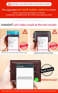 Steel Lion anti-theft leather wallet detail showing NFC shielding and card security test.