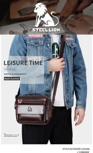 Detail view of men's genuine cowhide leather shoulder bag, casual multi-function crossbody bag.