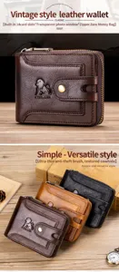 Portafoglio uomo in vera pelle vintage con chiusura lampo, scomparti per carte e monete.