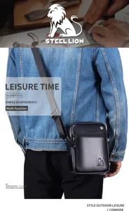 Detail view of the black leather men's cross-body bag, showing durable cowhide texture.
