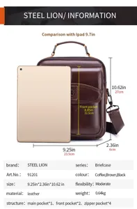 Detaillierte Spezifikationsansicht der Herrentaschen aus Leder mit Maßen und Taschenaufteilung.