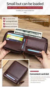 Men genuine leather wallet detail view, multi card slots zipper coin purse pocket design.