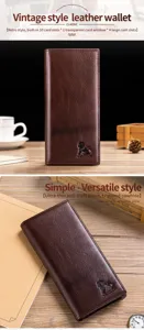 Vintage leather long wallet for men with multiple card slots and retro cowhide texture.