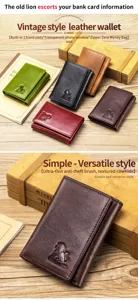 Vintage genuine leather wallet multi-card holder retro tri-fold purse with zipper pocket