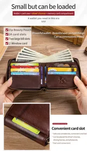 Portafoglio con zip in vera pelle da uomo con scomparti per carte e tasca portamonete.