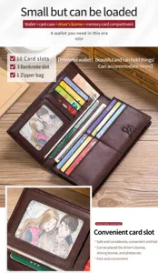 Genuine leather long wallet for men women retro soft cowhide multi card slot purse with zipper.