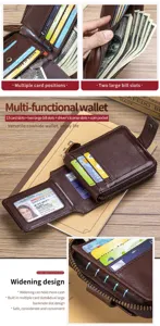 Detailed view of brown leather wallet featuring multiple card slots and bill compartments.