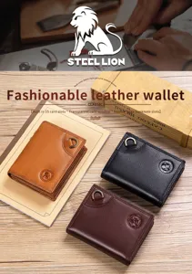 Men's genuine leather retro trifold wallet detail, multi card slots, coin pocket design.