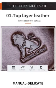 Close up detail view of premium top layer cowhide leather texture with embossed lion logo.
