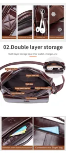 Brown leather men shoulder bag detail showcasing multiple zipper pockets and smart storage.