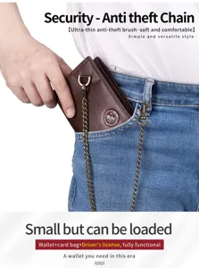 Genuine leather men's vertical wallet with anti-theft chain, multi-functional card holder.