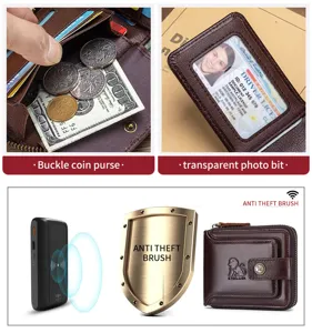 Detail view of men leather wallet showing coin pocket, ID window and RFID blocking features.