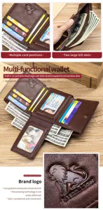 Brown leather trifold wallet with multiple card slots, large bill compartments, and id windows.