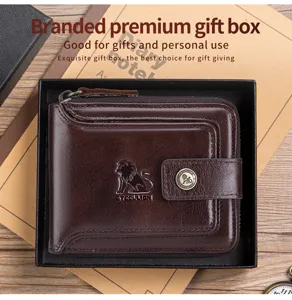 Mens genuine leather bifold wallet vintage brown coin pocket credit card holder box